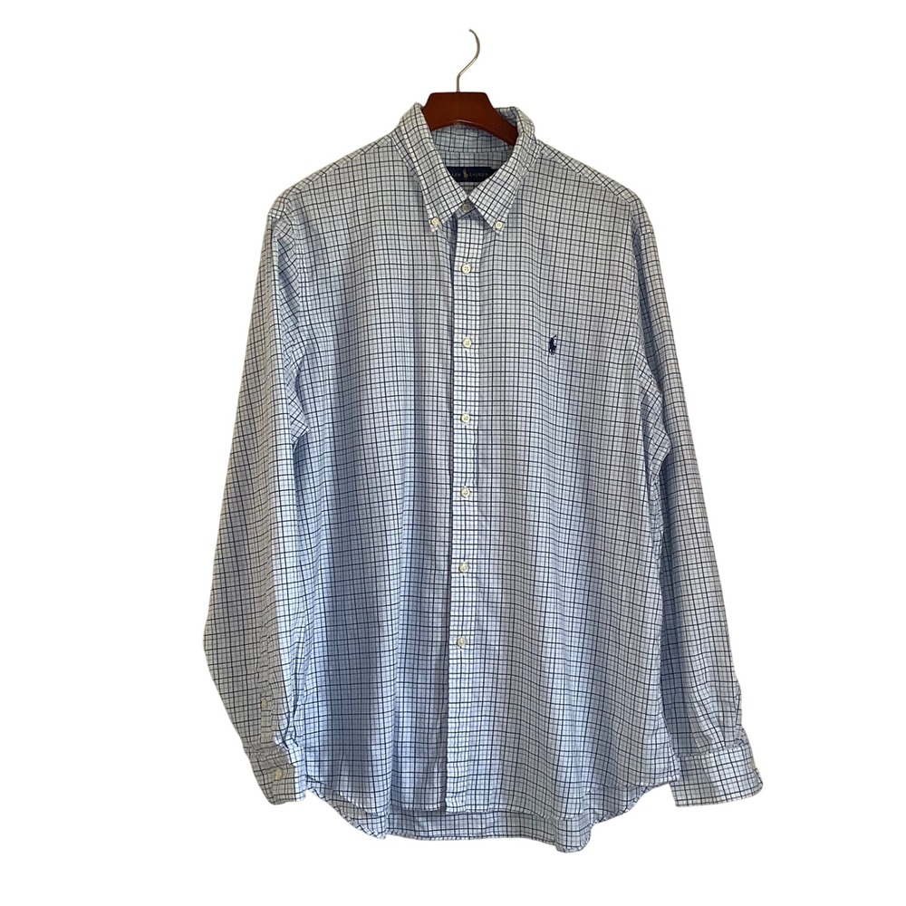 Ralph Lauren Mens XXL Blue White Windowpane Check Button‎ Down Shirt Long Sleeve